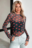 Heart Printed Sheer Mesh Long Sleeve Top- 2 Colors