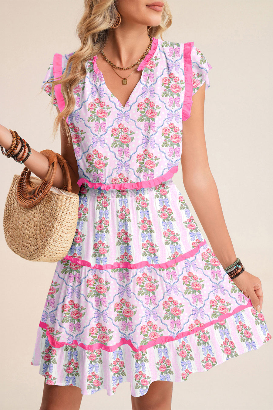 *Pre-Order* Bright Pink Bow Bouquets Frill Neck Short Sleeve Tiered Mini Dress