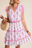 *Pre-Order* Bright Pink Bow Bouquets Frill Neck Short Sleeve Tiered Mini Dress
