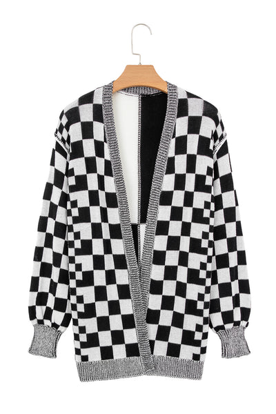 Black Checkered Open Front Drop Shoulder Cardigan