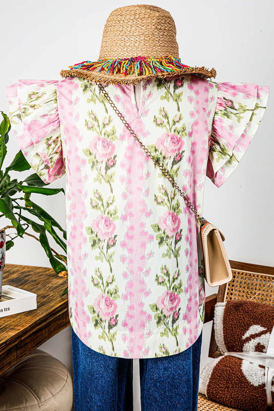 Pink Rose Layered Ruffle Short Sleeve Blouse