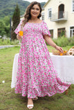 Plus Size Pink Floral Smocked Puff Sleeve Maxi Dress