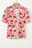 Pink Floral Frilled V-Neck Puff Short Sleeve Blouse