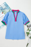 Puff Sleeve Color Block V-Neck Blouse- 2 Colors
