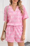 Pink Waffle Knit Bow Print Notched T-Shirt And Shorts Set