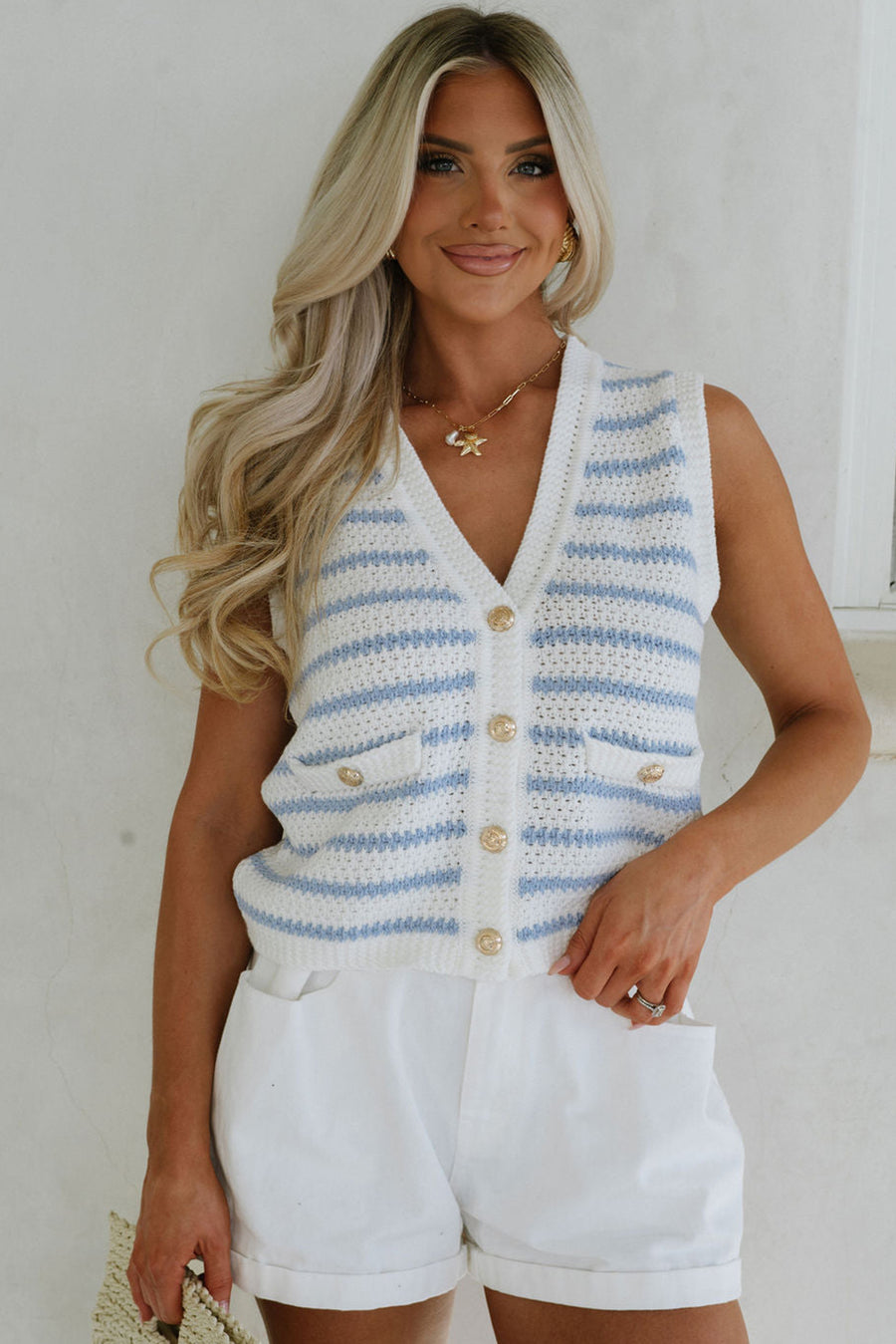Striped V-Neck Button-Up Knit Vest- 2 Colors