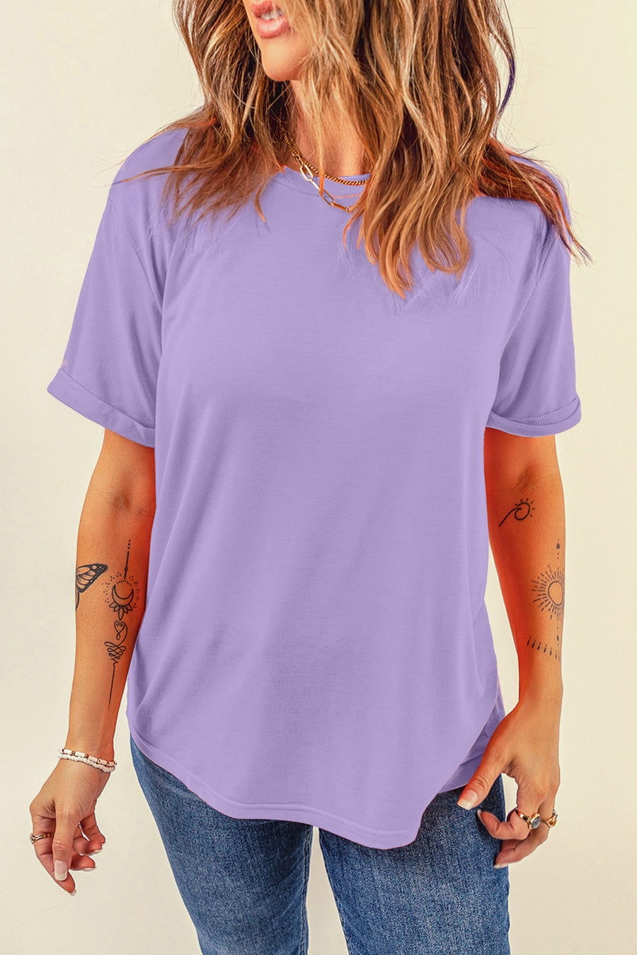 Basic Crew Neck Rolled Sleeve T-Shirt- 12 Colors