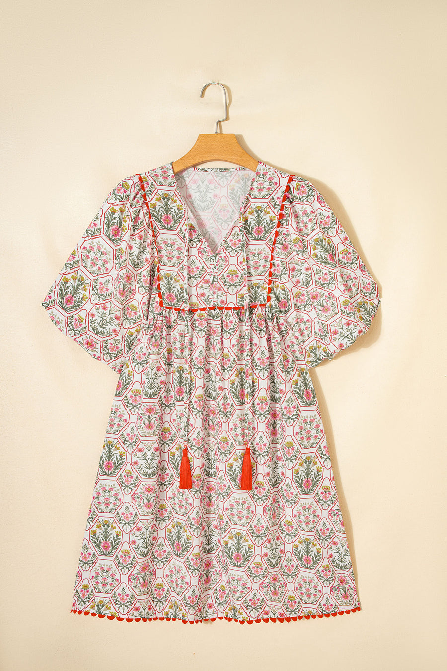 Pink Floral Print Tassel Tie V-Neck Scalloped Detail Loose Mini Dress