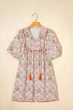 Pink Floral Print Tassel Tie V-Neck Scalloped Detail Loose Mini Dress