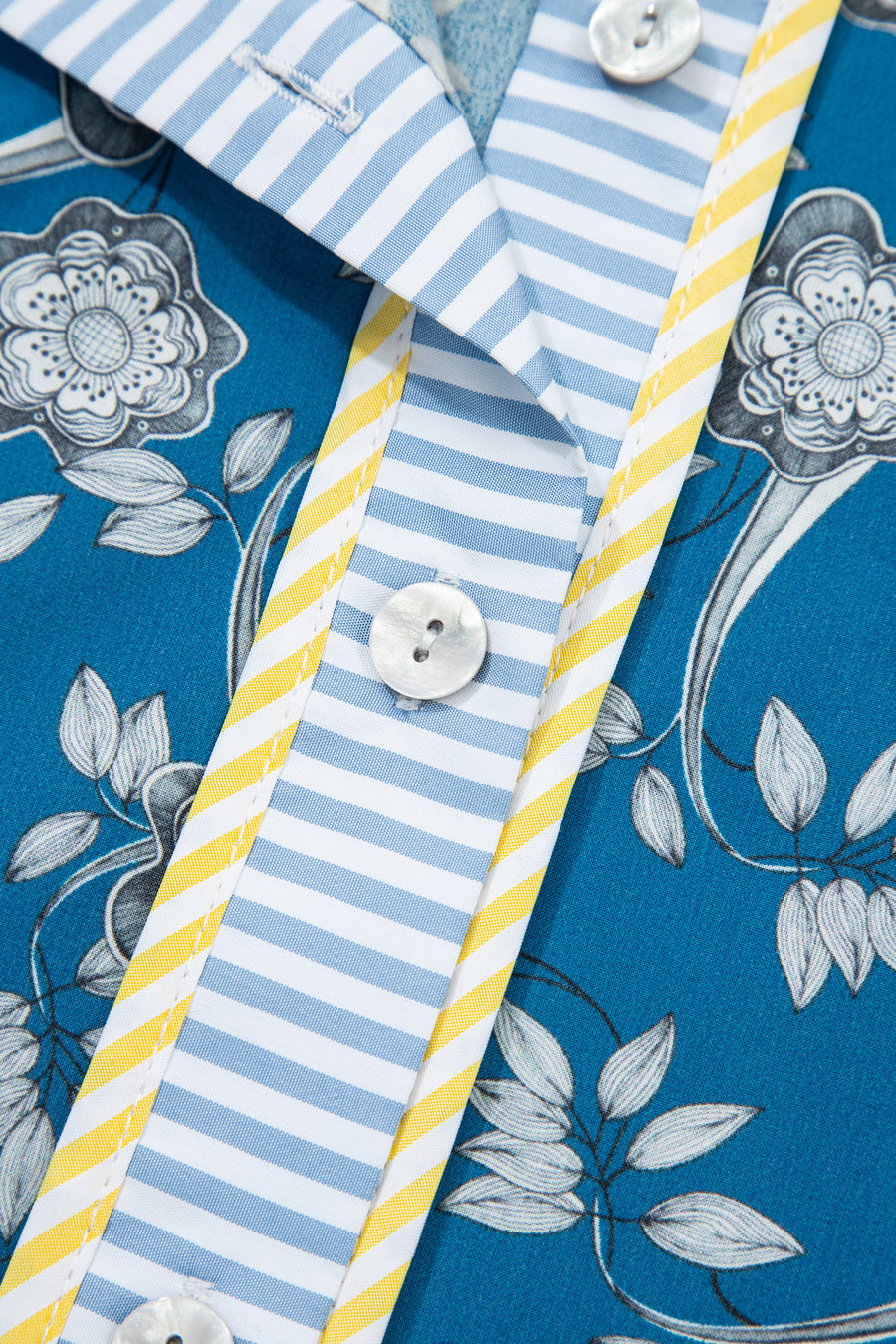 Blue Floral Striped Frill Neck Button-Up Short Sleeve Mini Dress
