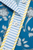 Blue Floral Striped Frill Neck Button-Up Short Sleeve Mini Dress