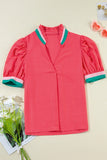 Puff Sleeve Color Block Frill V-Neck Blouse