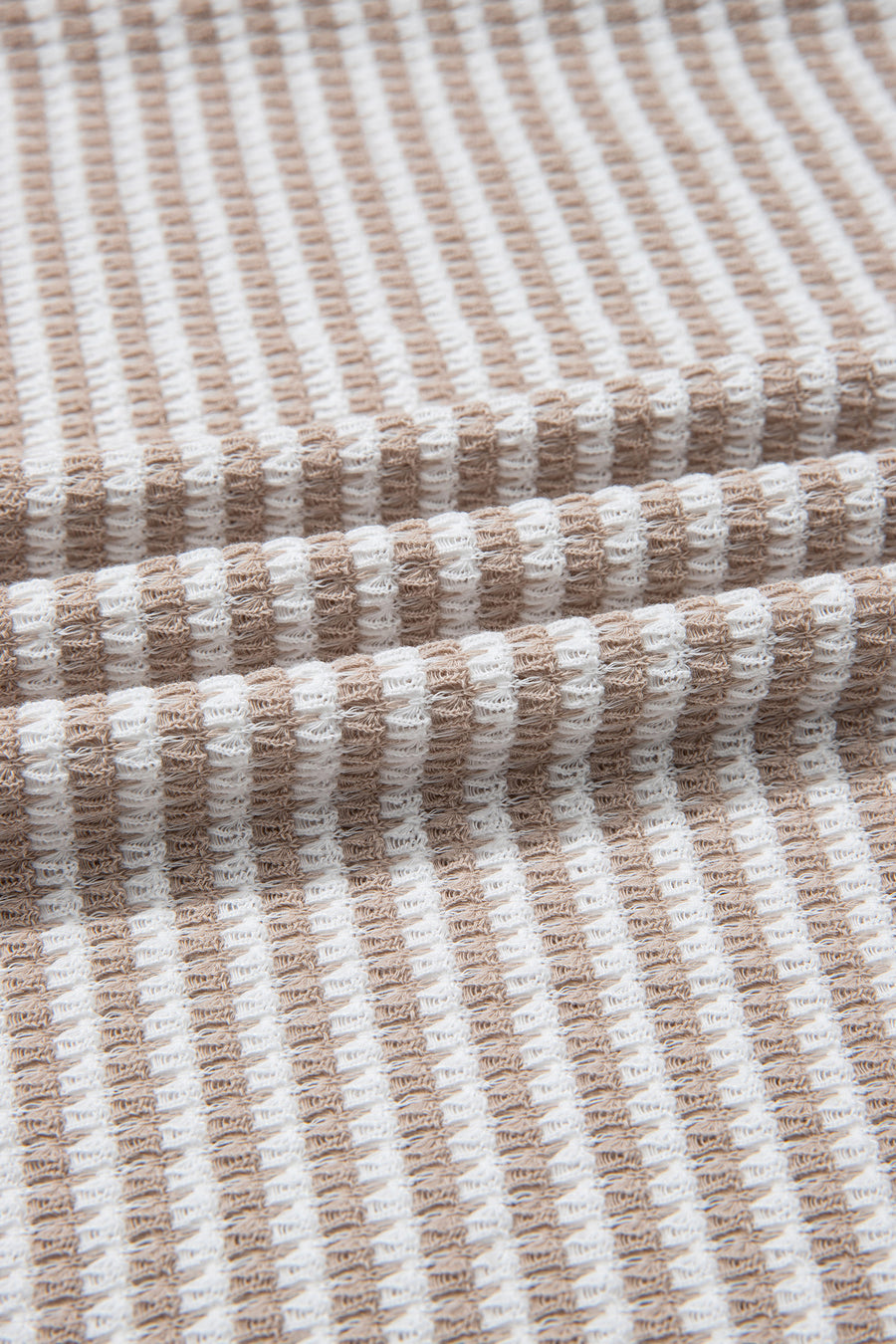 Beige Striped Waffle Knit V-Neck Sweater