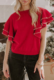Red Pearl Embellished Double Ruffle Short Sleeve Sweater