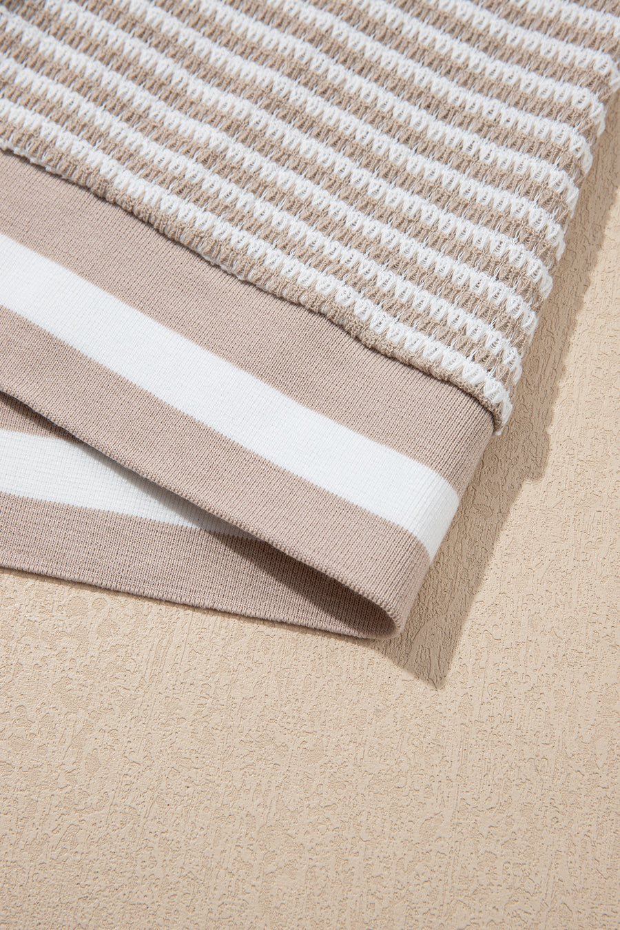 Beige Striped Waffle Knit V-Neck Sweater