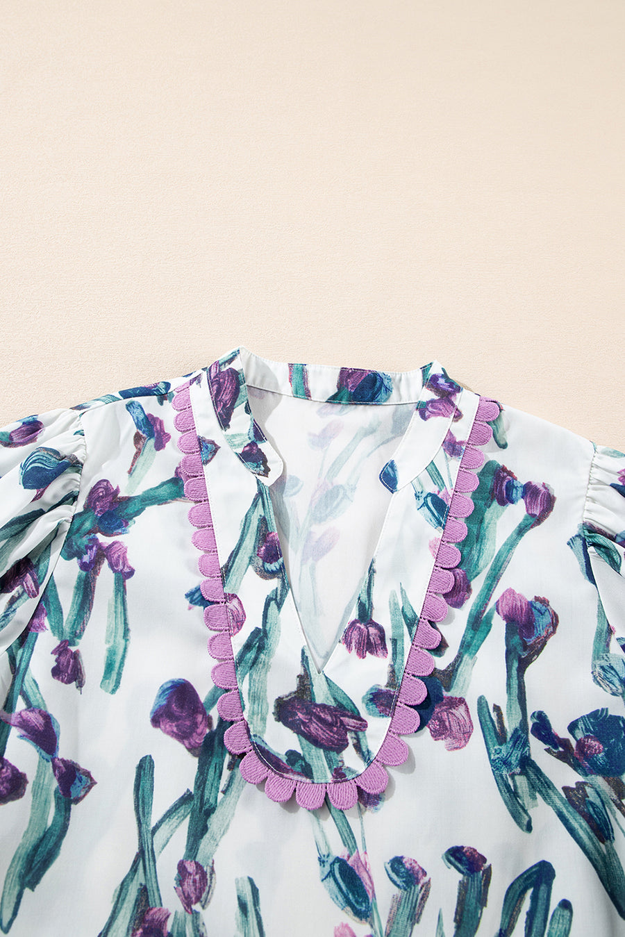 Purple Floral Ricrac Trim Short Puff Sleeve Peplum Blouse