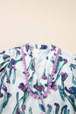 Purple Floral Ricrac Trim Short Puff Sleeve Peplum Blouse