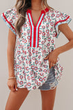 Red Sunflower Printed Contrast Trim V Neck Flutter Sleeve Blouse