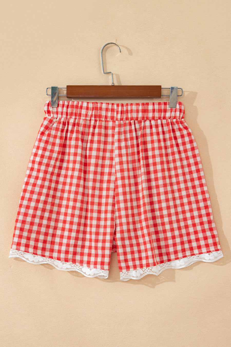 Red Gingham Lace Trim Elastic Waist Shorts