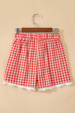 Red Gingham Lace Trim Elastic Waist Shorts