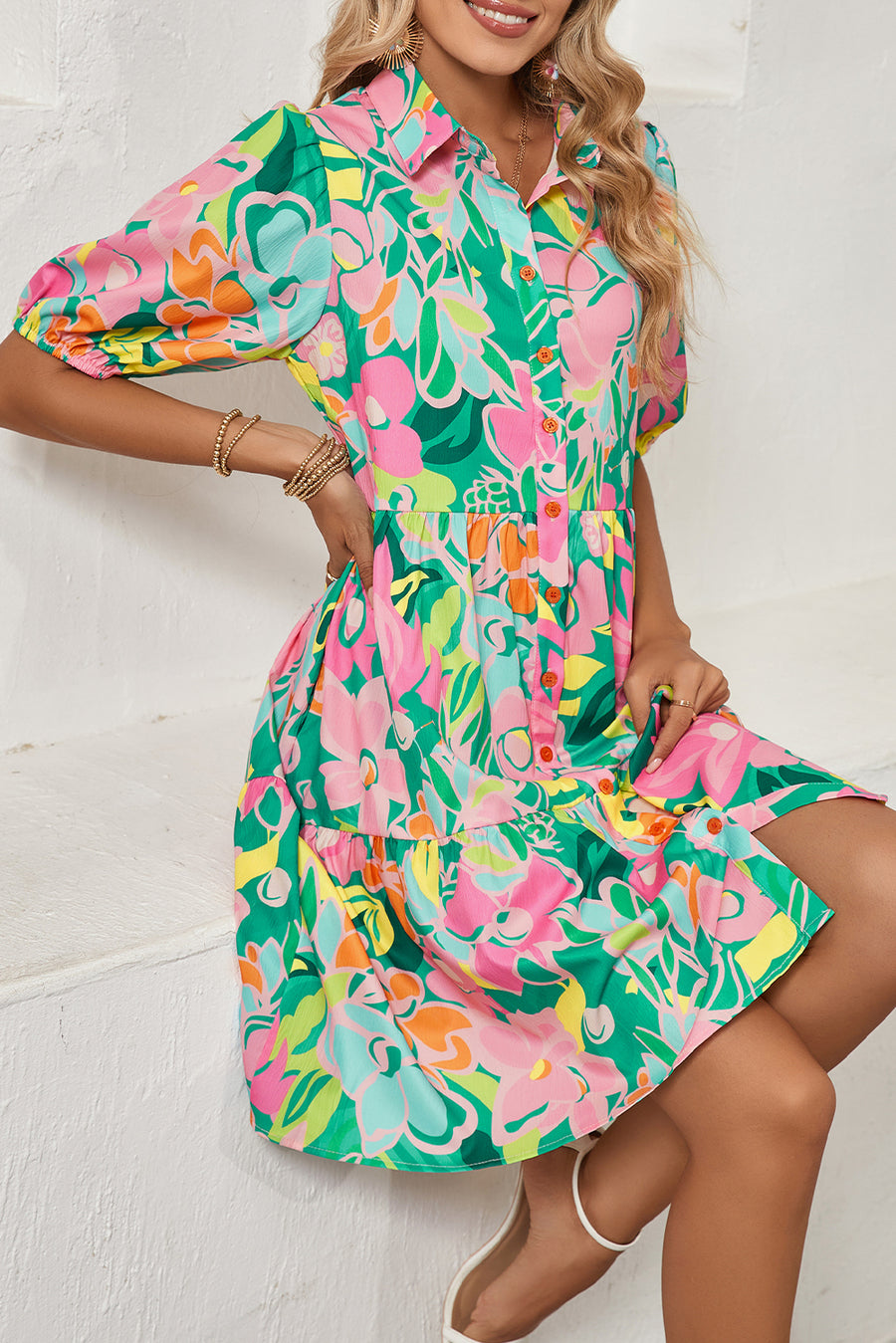 Floral Puff Sleeve Collared Button-Up Babydoll Mini Dress- 2 Colors
