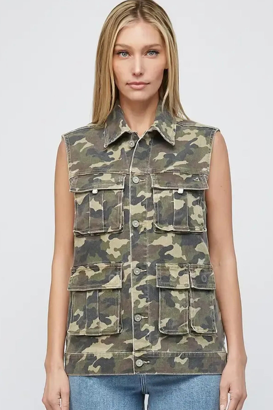 Camouflage Print Cargo Pocket Button-Up Denim Vest