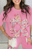 Pink Floral Patched Exposed Seam Oversized T-Shirt- 2 Colors