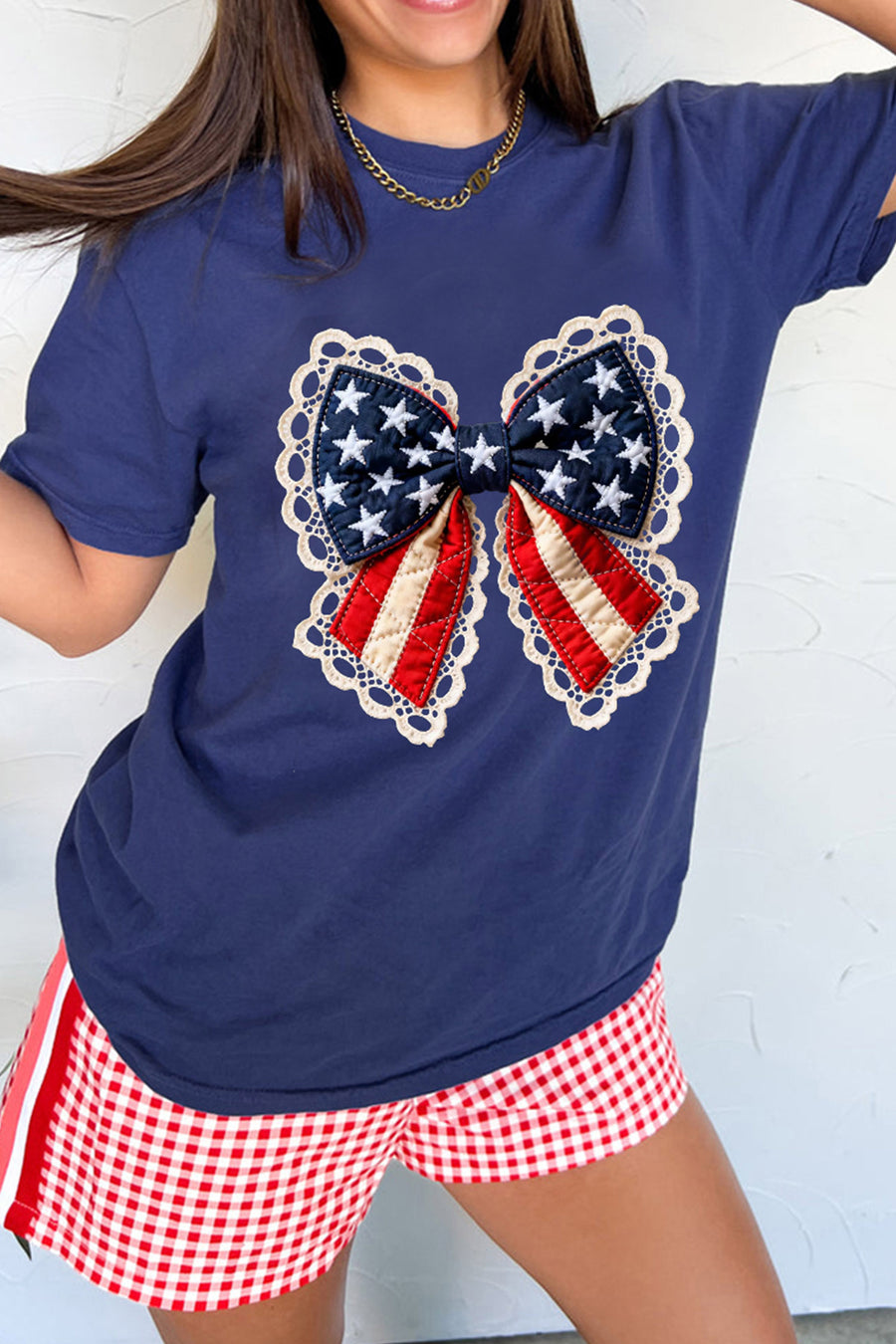 Navy Blue Faux Patchwork American Bow Graphic T-Shirt