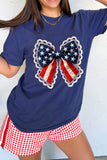 Navy Blue Faux Patchwork American Bow Graphic T-Shirt