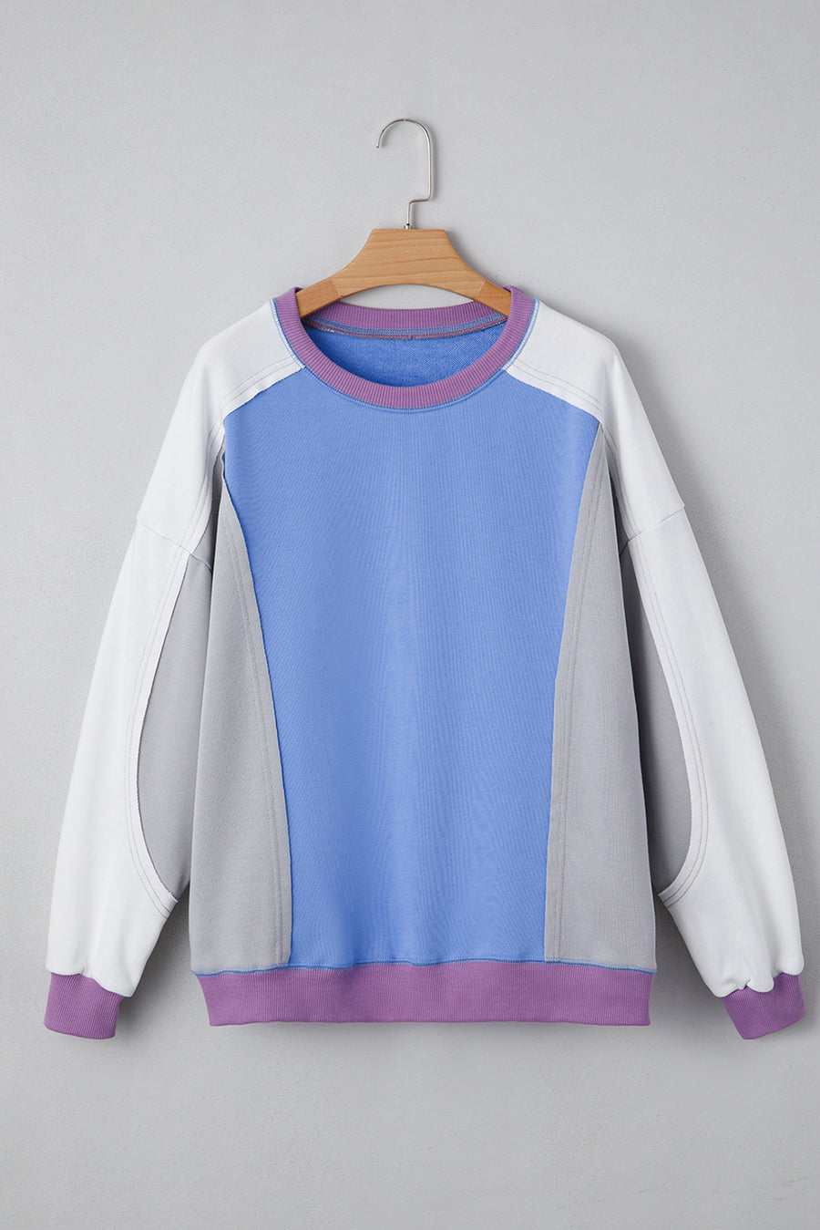 Blue Multi Color Block Patchwork Crew Neck Pullover Sweatshirt