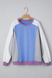 Blue Multi Color Block Patchwork Crew Neck Pullover Sweatshirt
