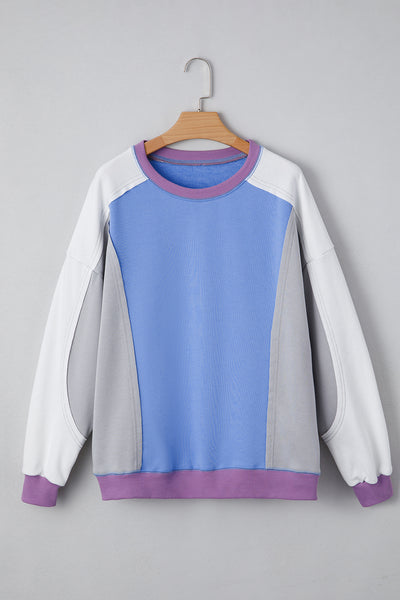 Blue Colorblock Patchwork Round Neck Pullover Sweatshirt