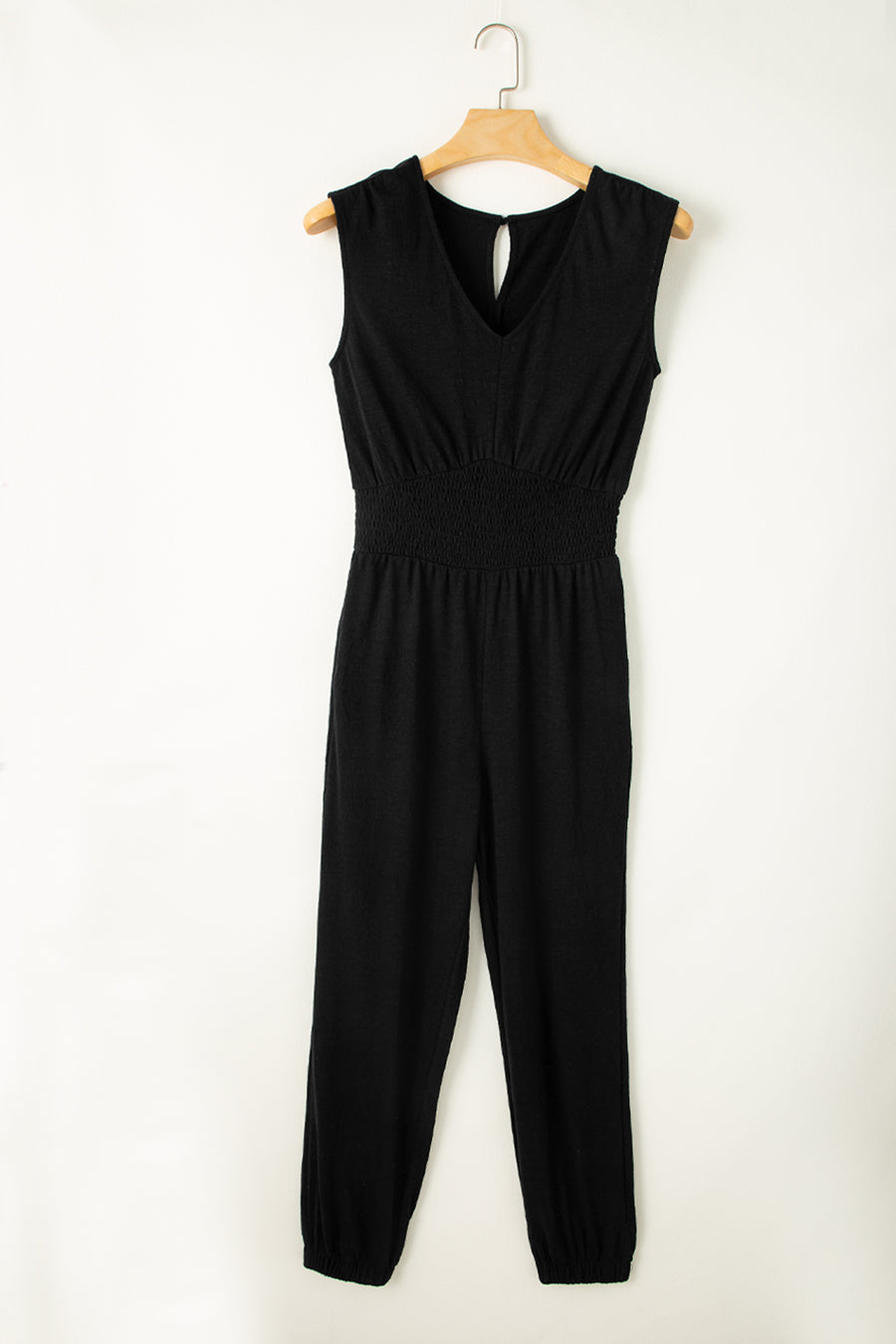 Black Shirred High-Waist V-Neck Sleeveless Jumpsuit