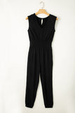 Black Shirred High-Waist V-Neck Sleeveless Jumpsuit