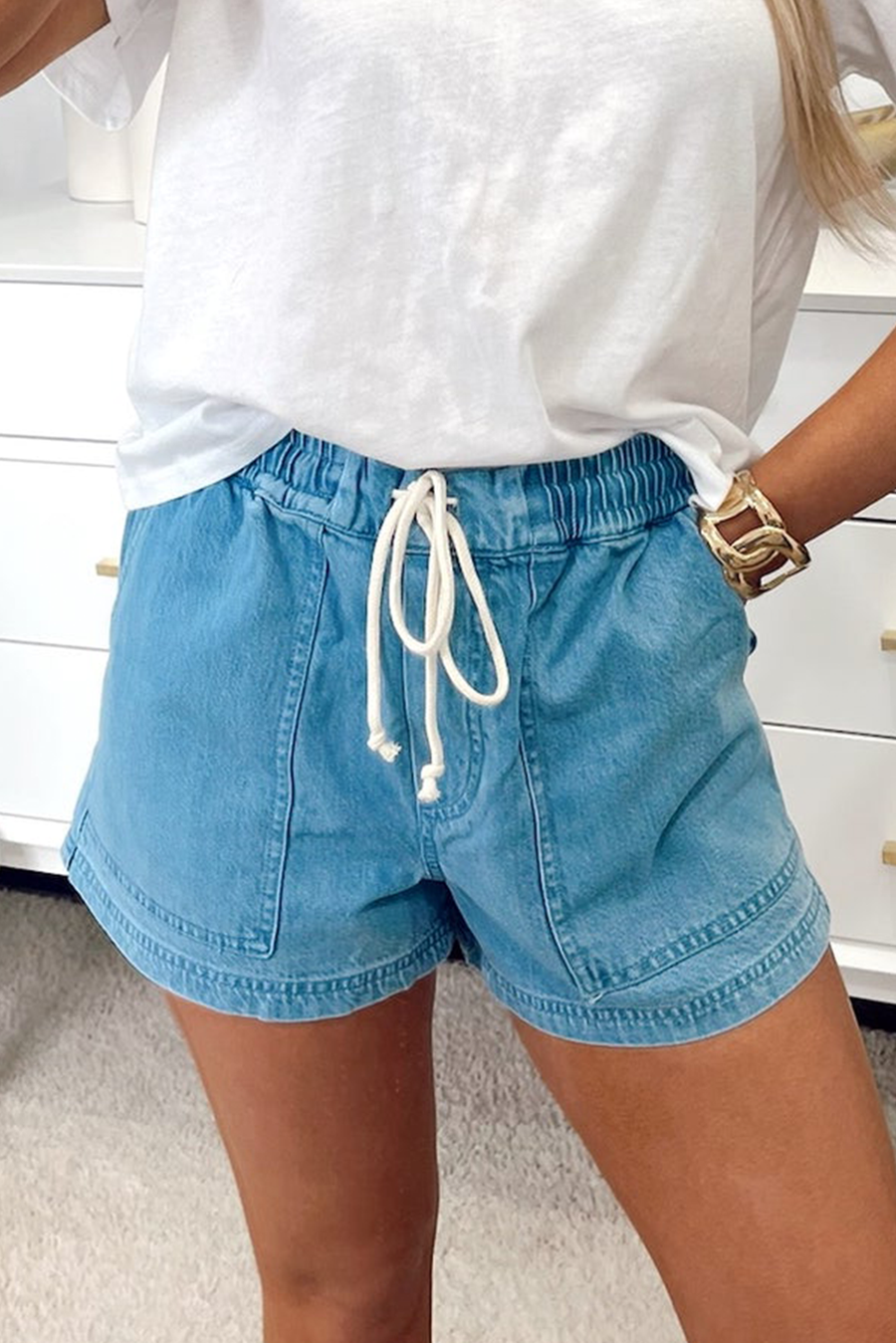 Drawstring Elastic Waist Denim Shorts