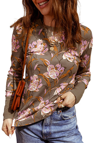Brown Floral Print Waffle Textured Long Sleeve Top