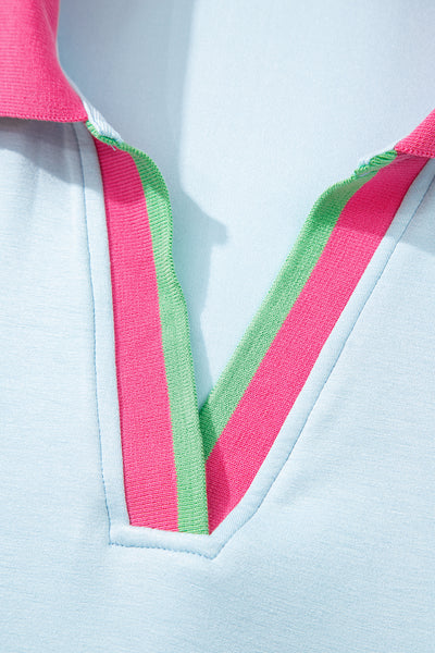 Beau Blue Pop of Color Collared V Neck Ruffle Sleeve Blouse