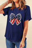 Navy Blue Faux Patchwork American Bow Graphic T-Shirt
