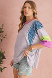 Purple Stripe Floral Color Block Patchwork Stitching Edge T-Shirt