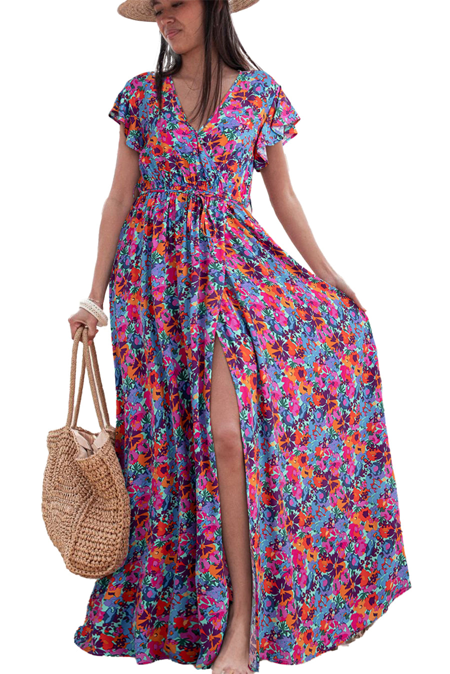 Blue Floral Print V-Neck Wrap Split Maxi Dress
