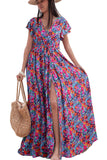 Blue Floral Print V-Neck Wrap Split Maxi Dress