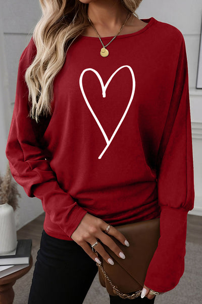 Red & White Scribble Heart Print Bishop Sleeve Graphic T-Shirt