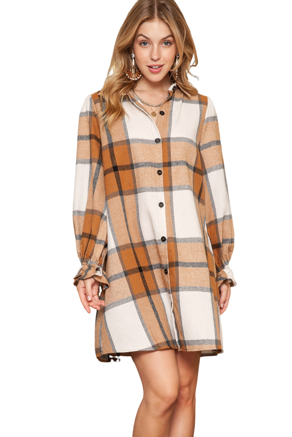 Khaki Plaid Pattern Collared Neck Ruffled Sleeve Shirt Dress