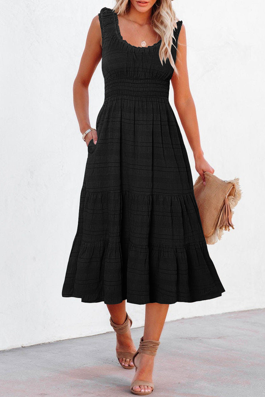 Green Shirred Pleated Square Neck Sleeveless Midi Dress