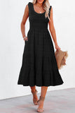 Green Shirred Pleated Square Neck Sleeveless Midi Dress