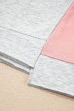 Light Grey & Pink Color Block Raw Hem Pullover Sweatshirt and Shorts Set