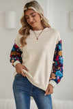 Floral Patchwork Sleeve Textured Sweatshirt
