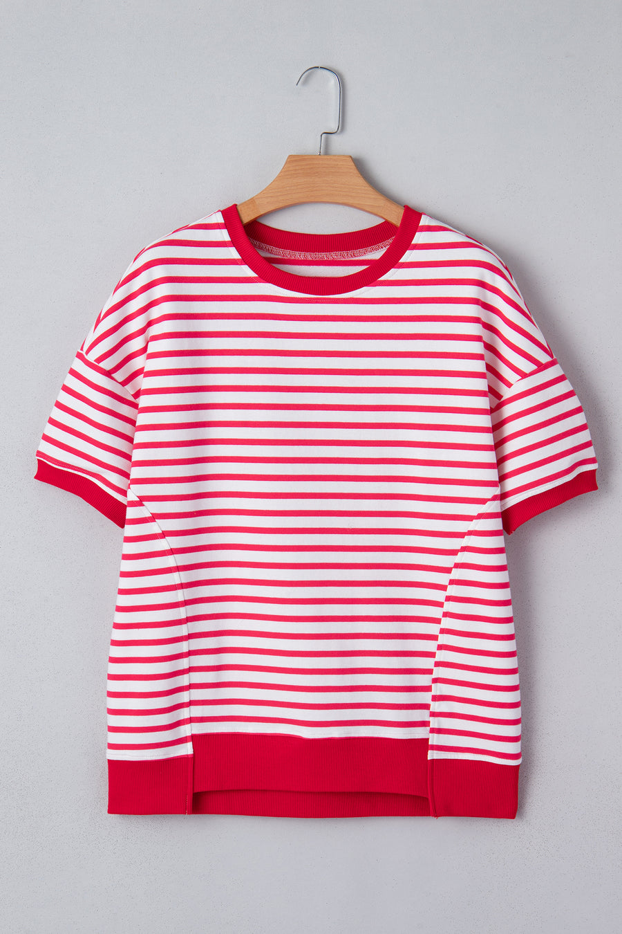 Red Striped Drop Shoulder Banded Short Sleeve T Shirt