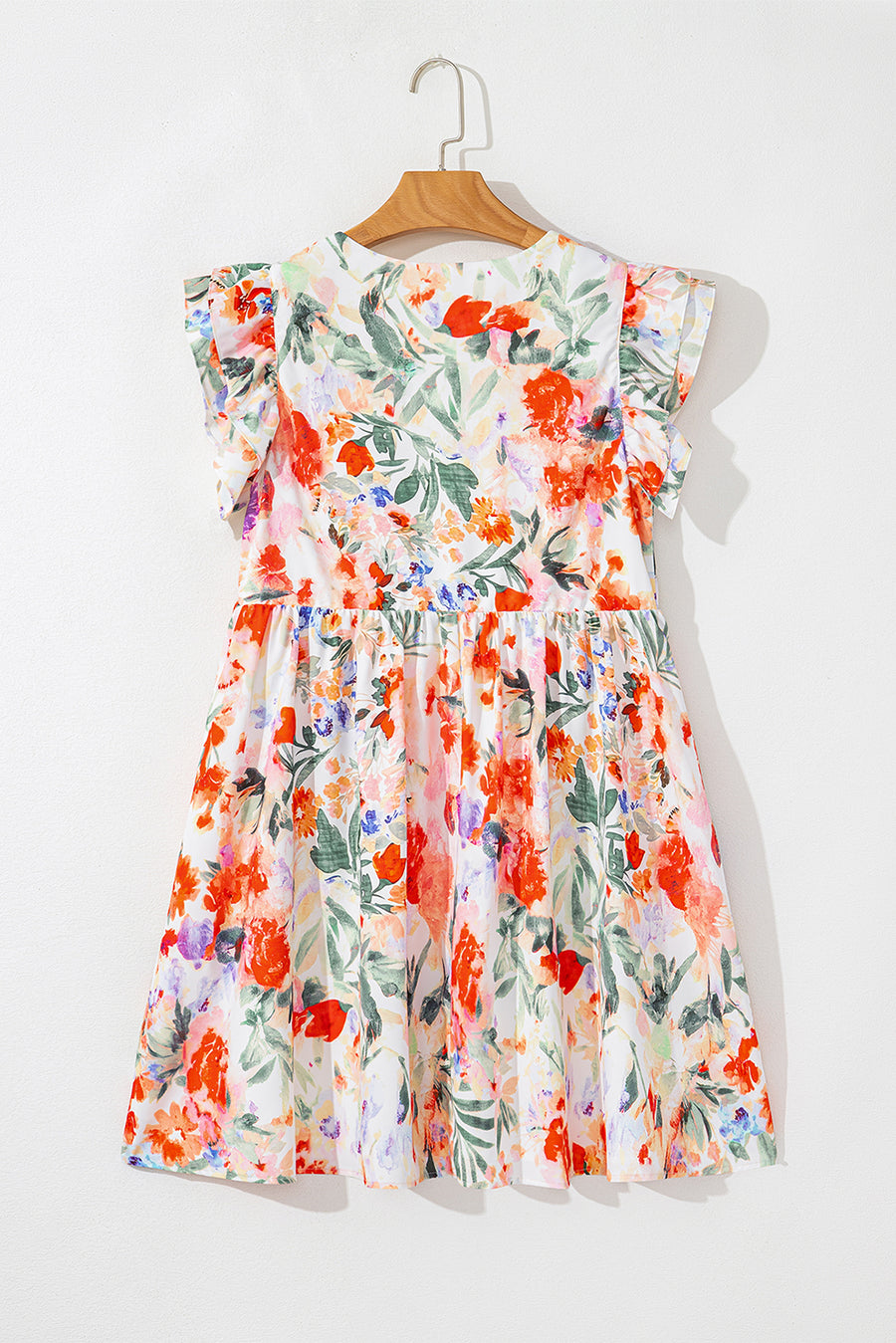 Orange Multi Floral Ruffle Sleeve V-Neck High Waist Mini Dress
