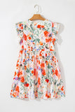 Orange Multi Floral Ruffle Sleeve V-Neck High Waist Mini Dress